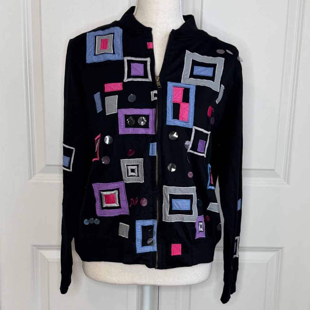 Michael Simon Lite Black Multicolor Geometric Embellished Full Zip Sweatshirt